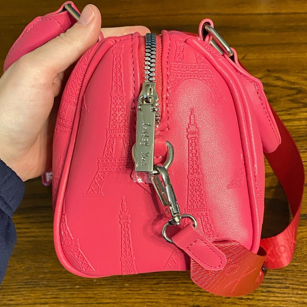 Betsey Johnson Pink Mini Duffel Crossbody Bag Eiffel Tower Paris Barrel Purse - Picture 7 of 13